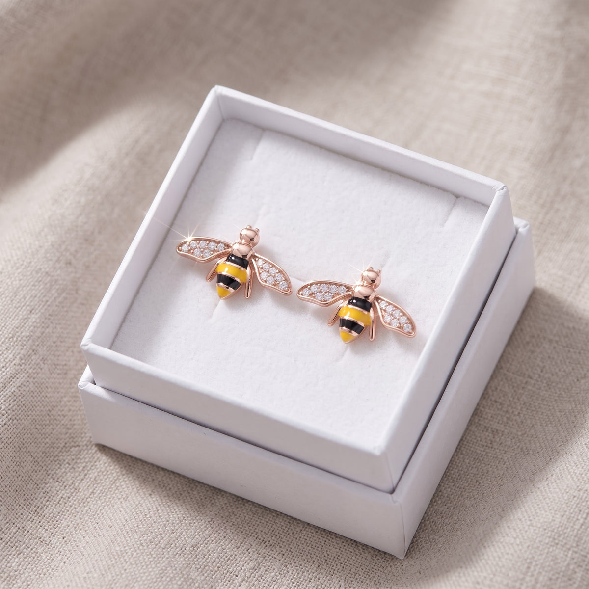 14K Gold 925 Sterling Silver Yellow and Black Enamel Bee Earrings - Gift for Her in a white gift box, ready to give