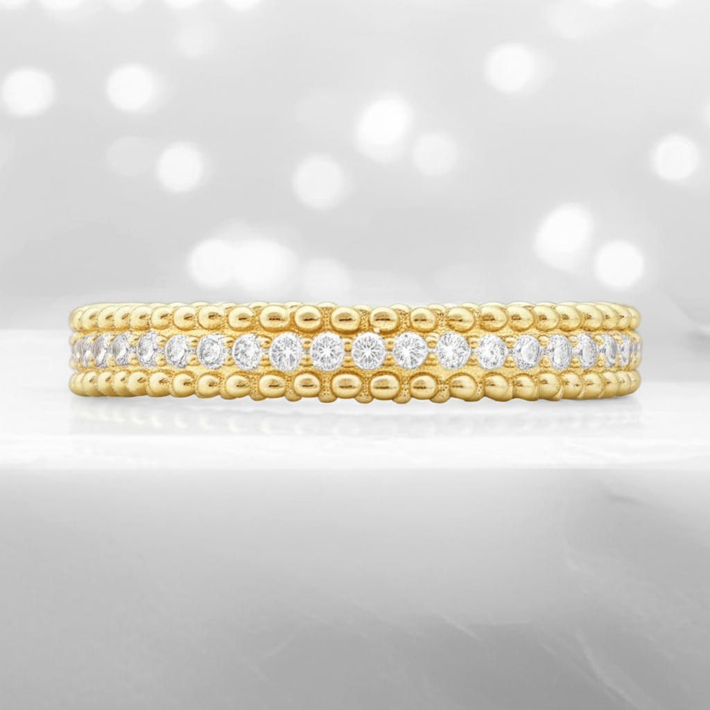 14K Yellow Gold Plated Sterling Silver Beaded Eternity Ring with Simulated Diamond – 5.5mm Wide, Gift Box Included (Size 4–10)