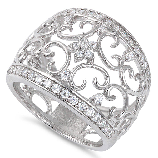 Sterling Silver Filigree Flower Cz Ring (Size 4-11)