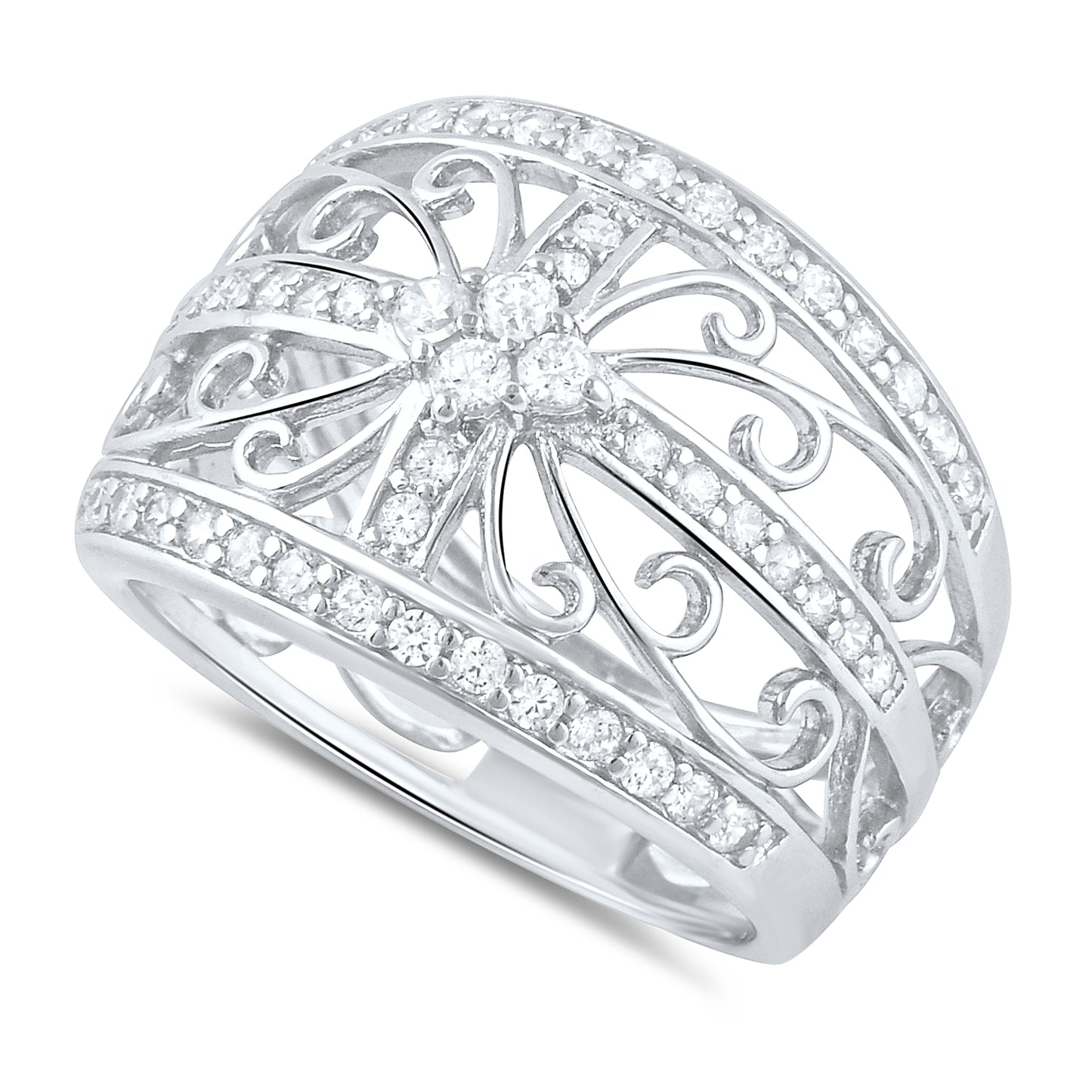 Sterling Silver Filigree Flower Cz Ring (Size 4-11)