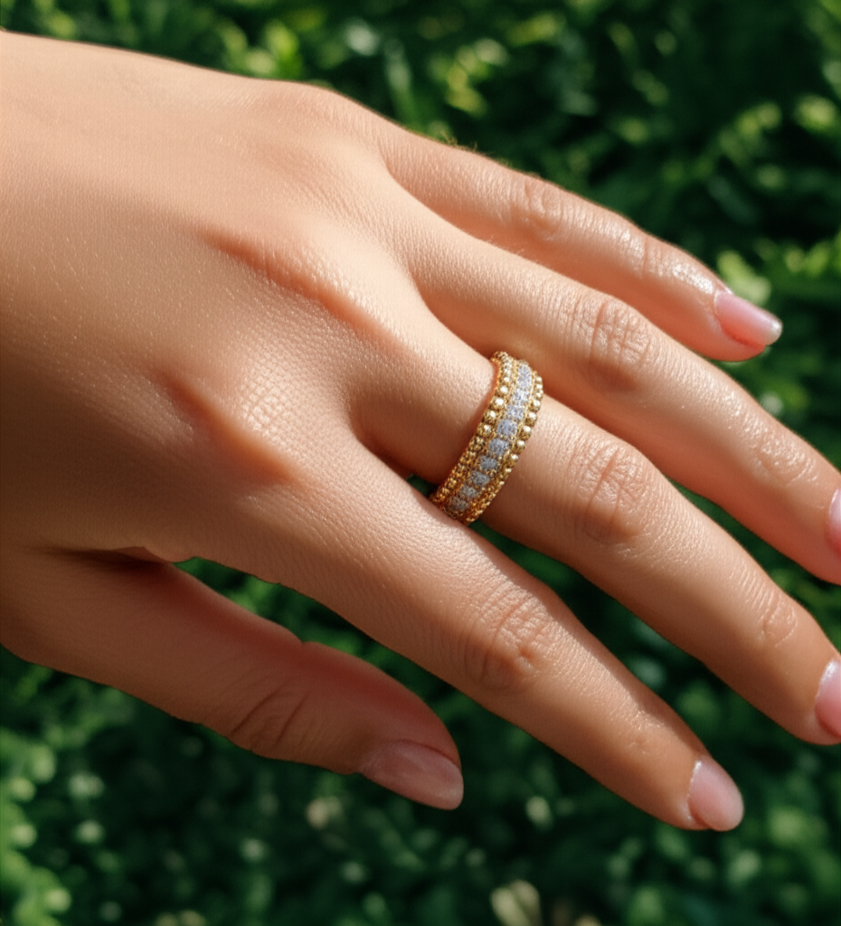 14K Yellow Gold Plated Sterling Silver Beaded Eternity Ring with Simulated Diamond – 5.5mm Wide, Gift Box Included (Size 4–10)
