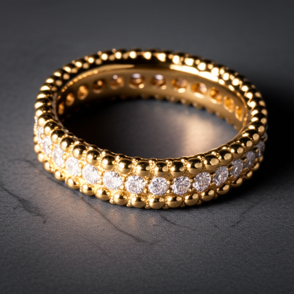14K Yellow Gold Plated Sterling Silver Beaded Eternity Ring with Simulated Diamond – 5.5mm Wide, Gift Box Included (Size 4–10)