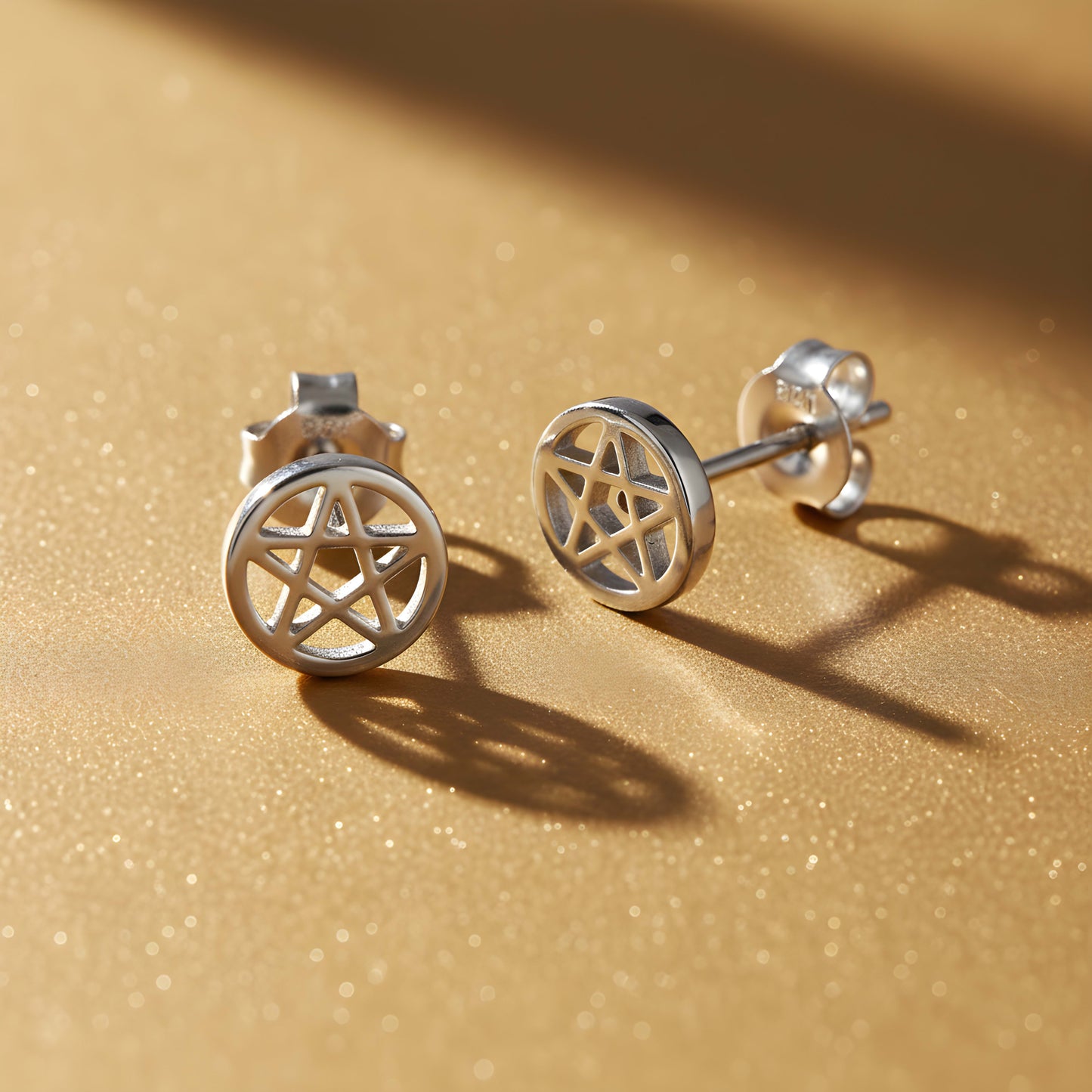 Rhodium Plated Sterling Silver Unisex Dainty Pentacle Pentagram Star Stud Earrings- 5mm