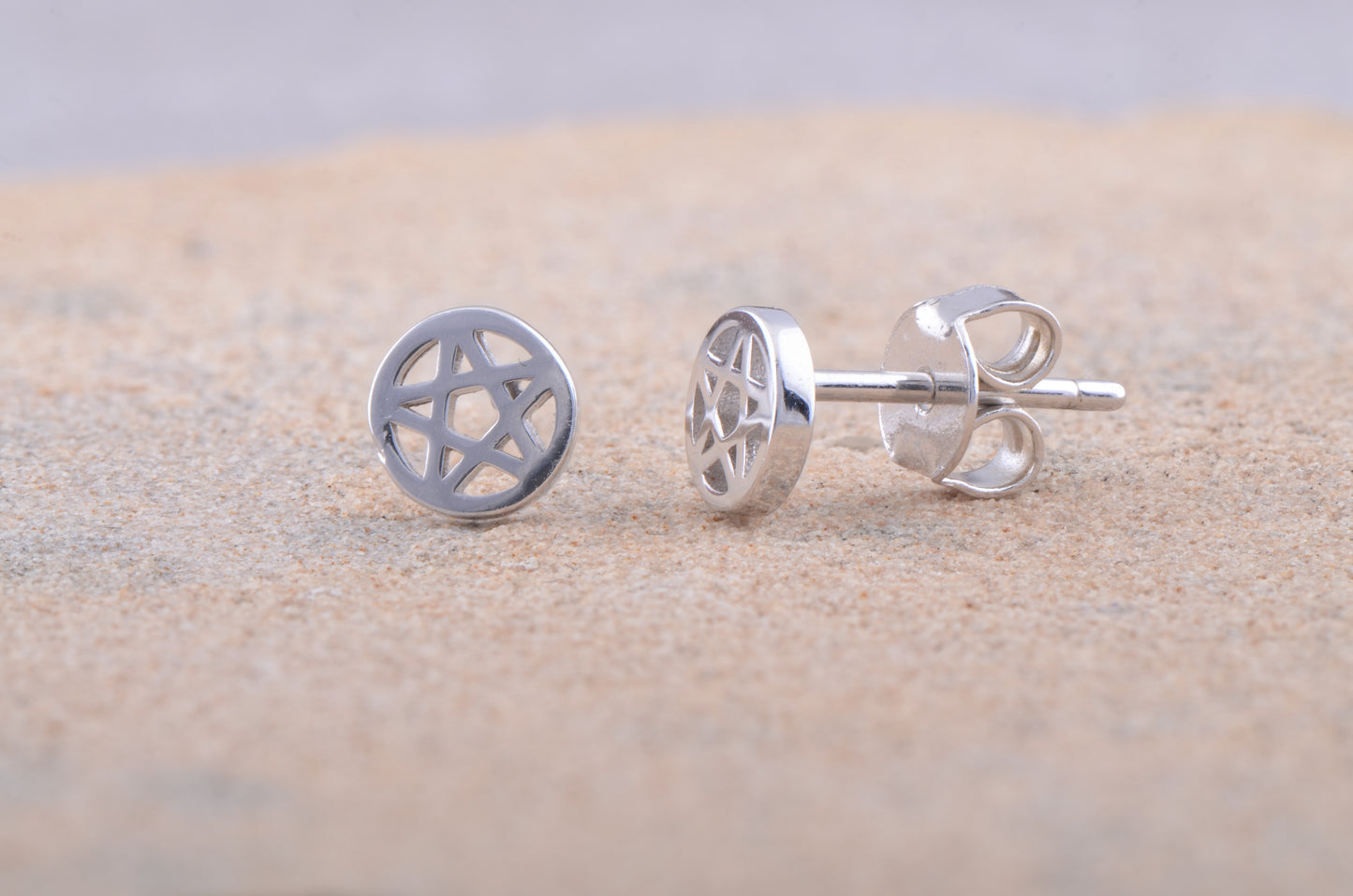 Rhodium Plated Sterling Silver Unisex Dainty Pentacle Pentagram Star Stud Earrings- 5mm