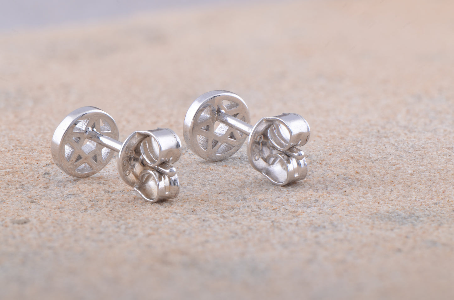 Rhodium Plated Sterling Silver Unisex Dainty Pentacle Pentagram Star Stud Earrings- 5mm