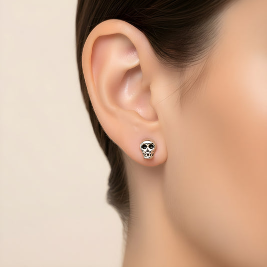 Girls Dainty Tiny Skull Halloween Stud Earrings White Gold Over Sterling Silver - 4mm