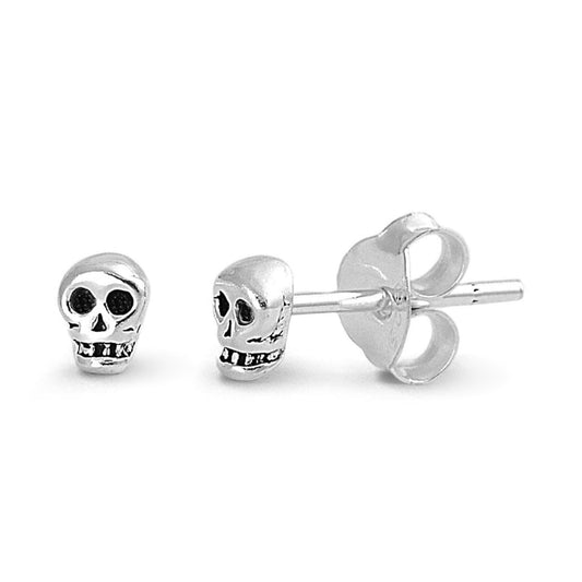 Girls Dainty Tiny Skull Halloween Stud Earrings White Gold Over Sterling Silver - 4mm