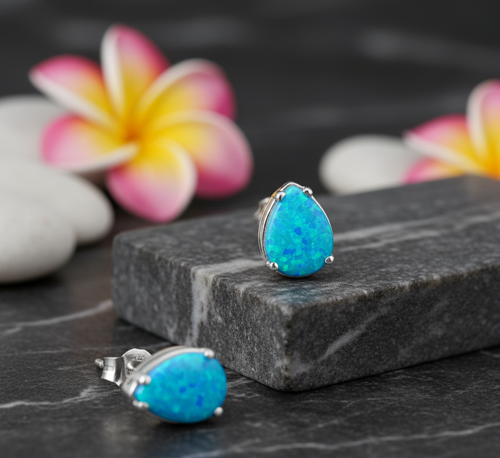 Blue Opal Pear Stud Earrings | White Gold Plated .925 Sterling Silver