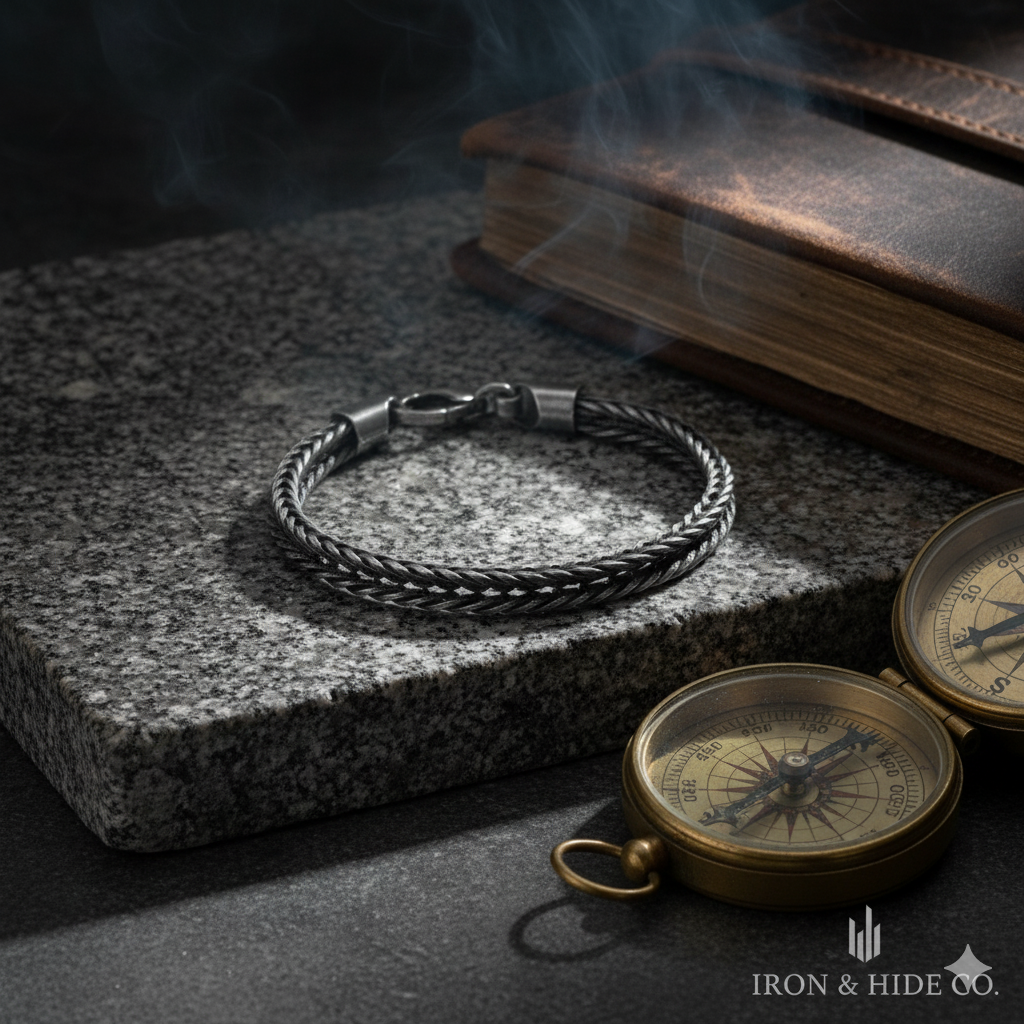 Handmade Black Steel Woven Flat Spiga Bracelet - 7.5 Inch Length