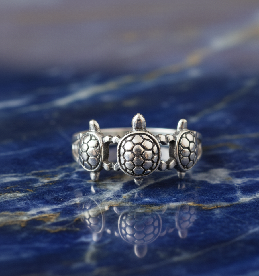 White Gold Dipped Sterling Silver Three Turtles Ring for Women – .925 Sterling Silver, 10MM Width, Gift Box Included (Sizes 4–10)