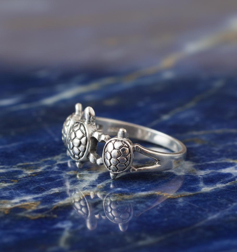 White Gold Dipped Sterling Silver Three Turtles Ring for Women – .925 Sterling Silver, 10MM Width, Gift Box Included (Sizes 4–10)