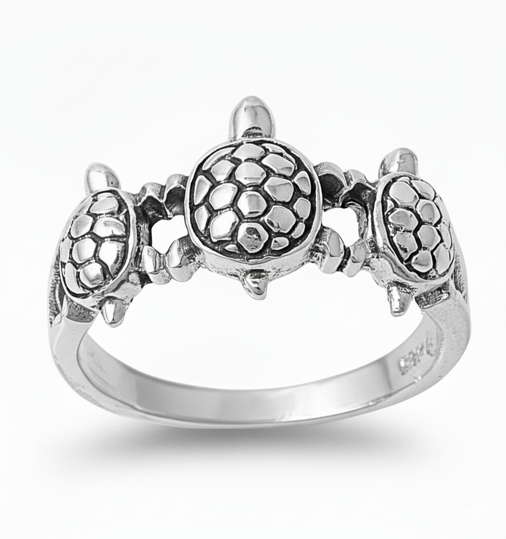 White Gold Dipped Sterling Silver Three Turtles Ring for Women – .925 Sterling Silver, 10MM Width, Gift Box Included (Sizes 4–10)