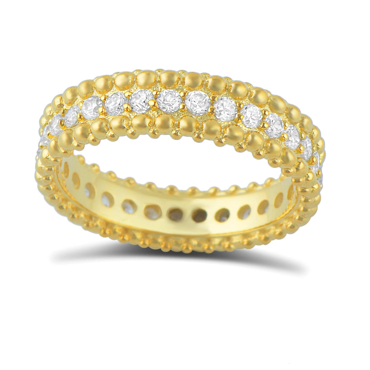 14K Yellow Gold Plated Sterling Silver Beaded Eternity Ring with Simulated Diamond – 5.5mm Wide, Gift Box Included (Size 4–10)