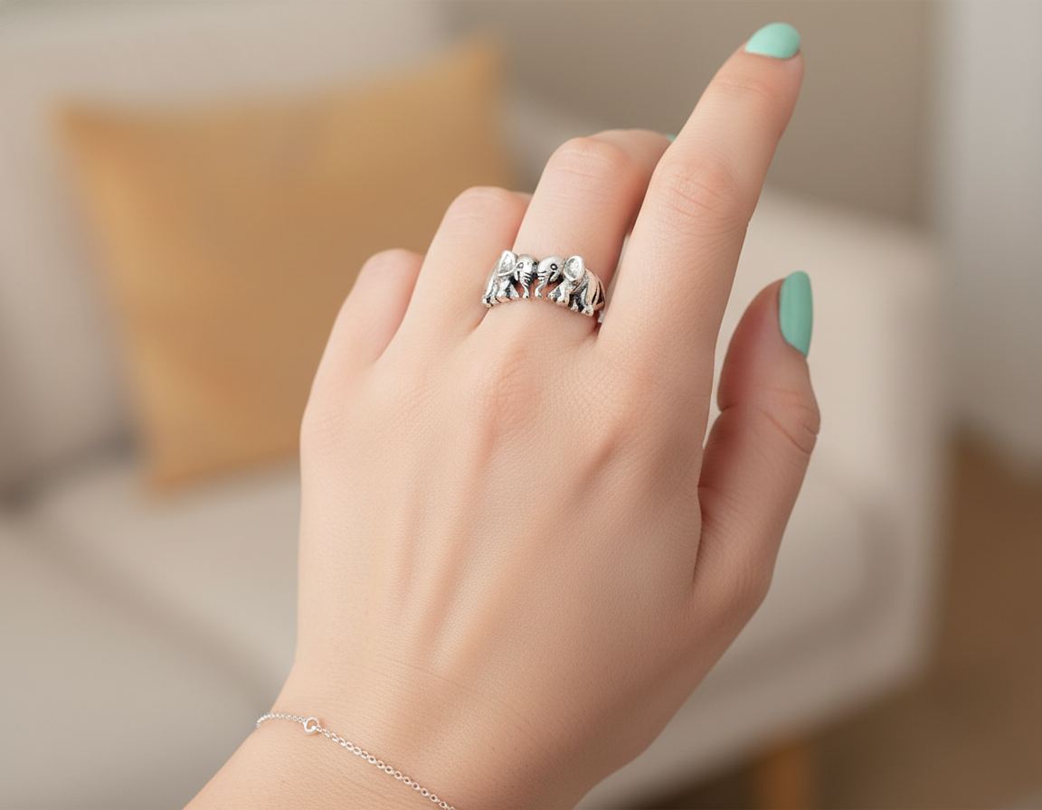 Sterling Silver Lucky Elephants Ring – 7mm Rhodium Plated .925 Band for Women & Teens