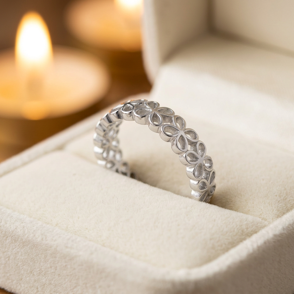Sterling Silver 4.6mm Open Four Petal Flower Eternity Band Ring for Women life3