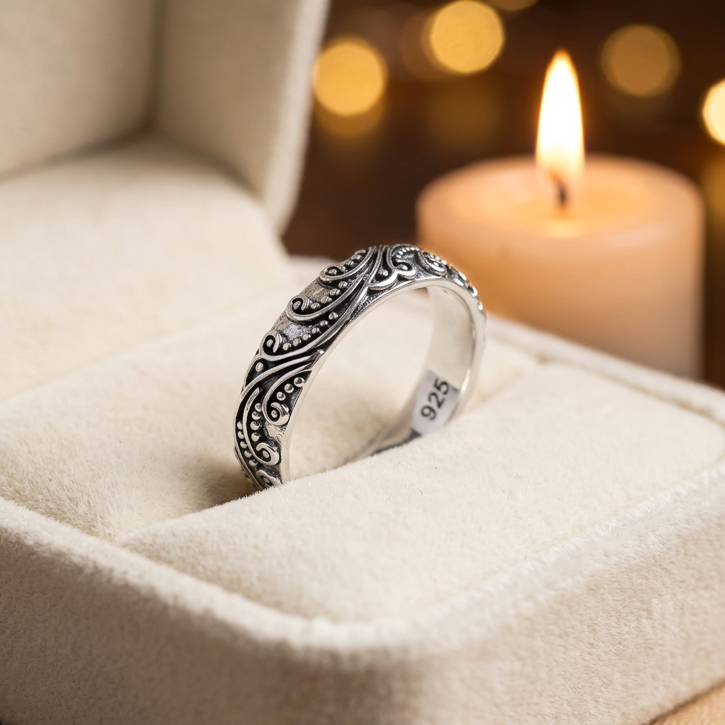 Sterling Silver 4.2mm Oxidized Bali Wave Swirl and Bead Band Ring for Women life3