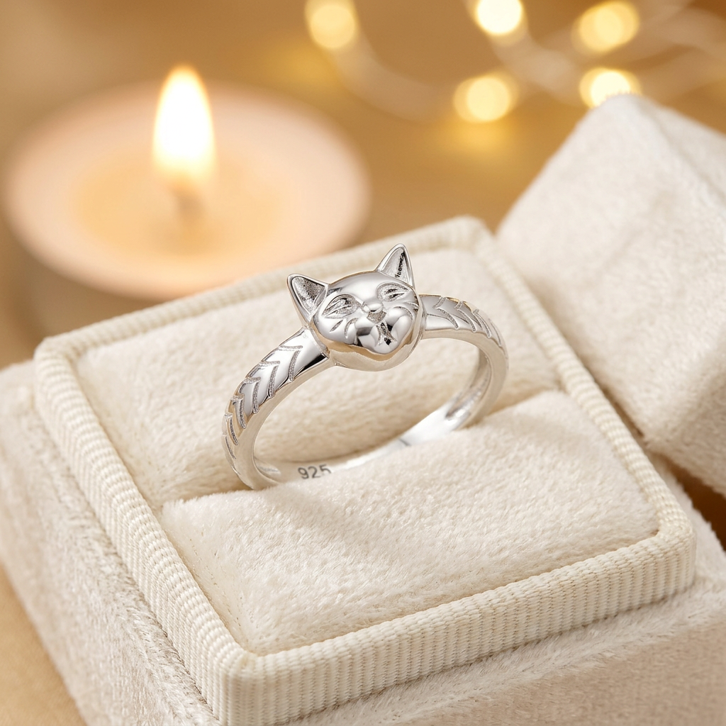Sterling Silver 2.6mm Cat Face Chevron Etched Band Ring for Women life3