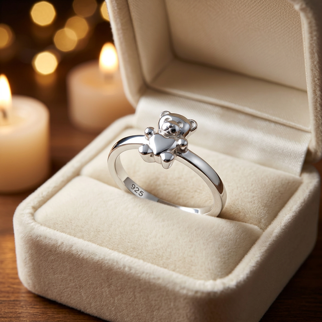 Sterling Silver 2mm Teddy Bear Holding Heart Cute Ring for Women life3
