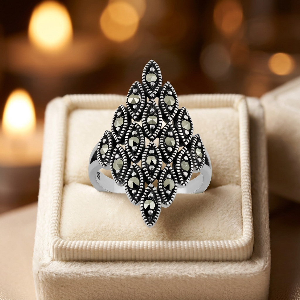 Sterling Silver Marcasite Marquise Cluster Long Shield Statement Ring for Women life3