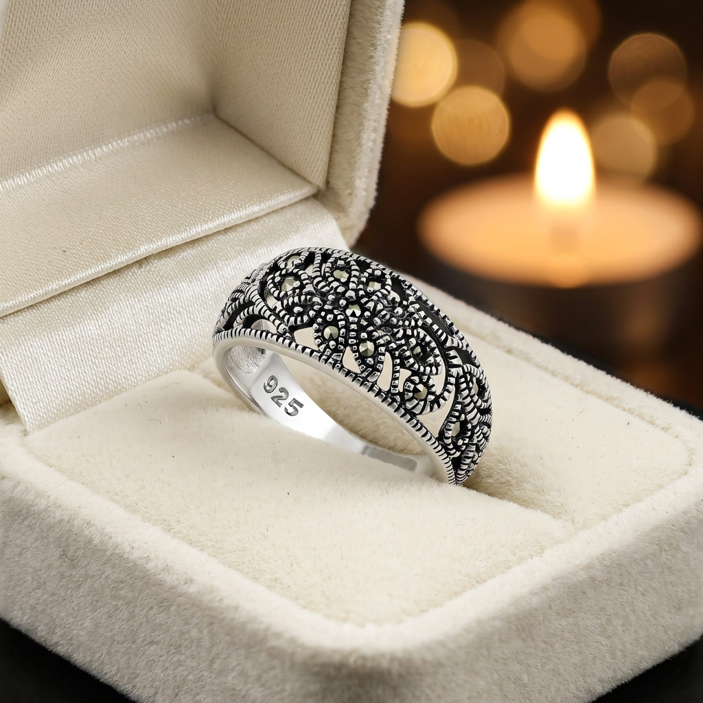 Sterling Silver 4.2mm Oxidized Marcasite Filigree Flower Dome Ring for Women life3