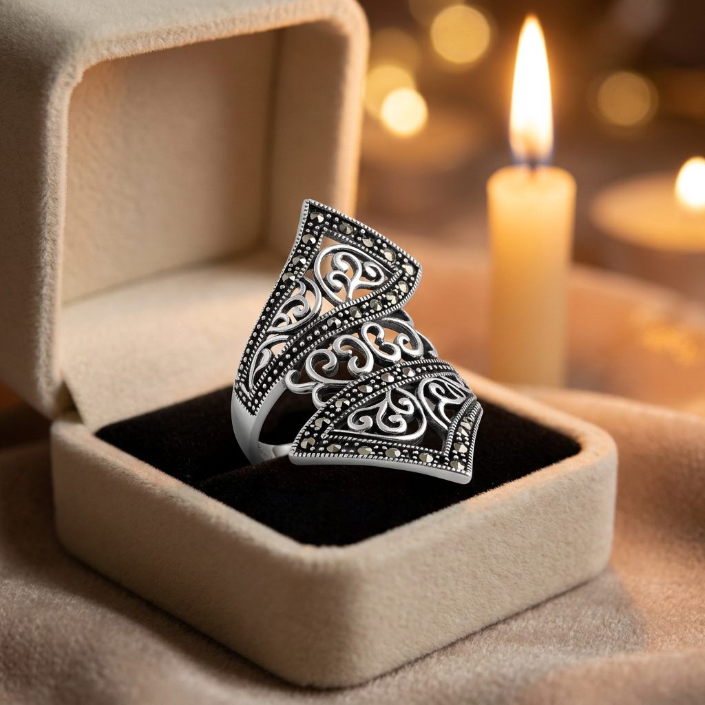 Sterling Silver Marcasite Filigree Scroll Bypass Statement Ring for Women life3