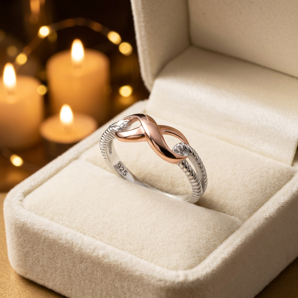 Two Tone Sterling Silver Rose Gold Infinity Rope Split Band Ring for Women life3