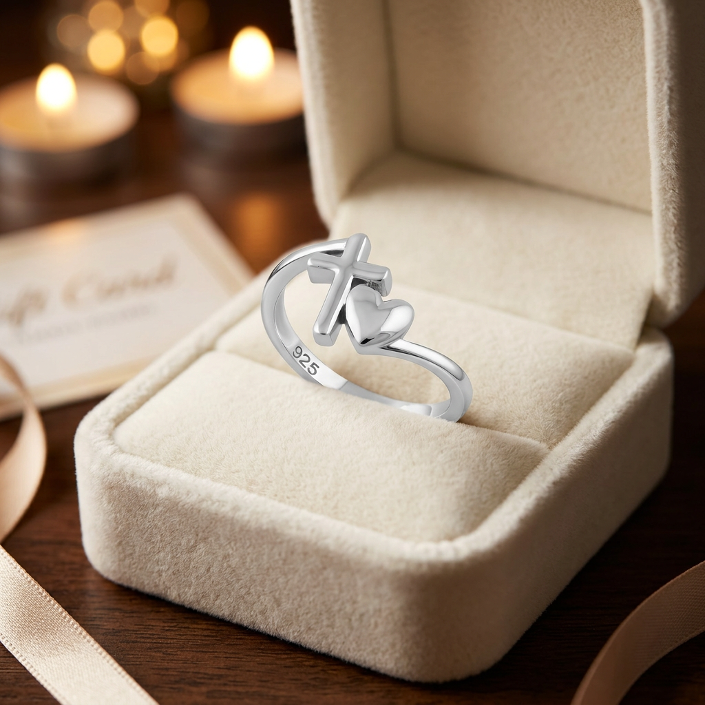 Sterling Silver 2.1mm Cross and Puffed Heart Bypass Faith Ring for Women life3