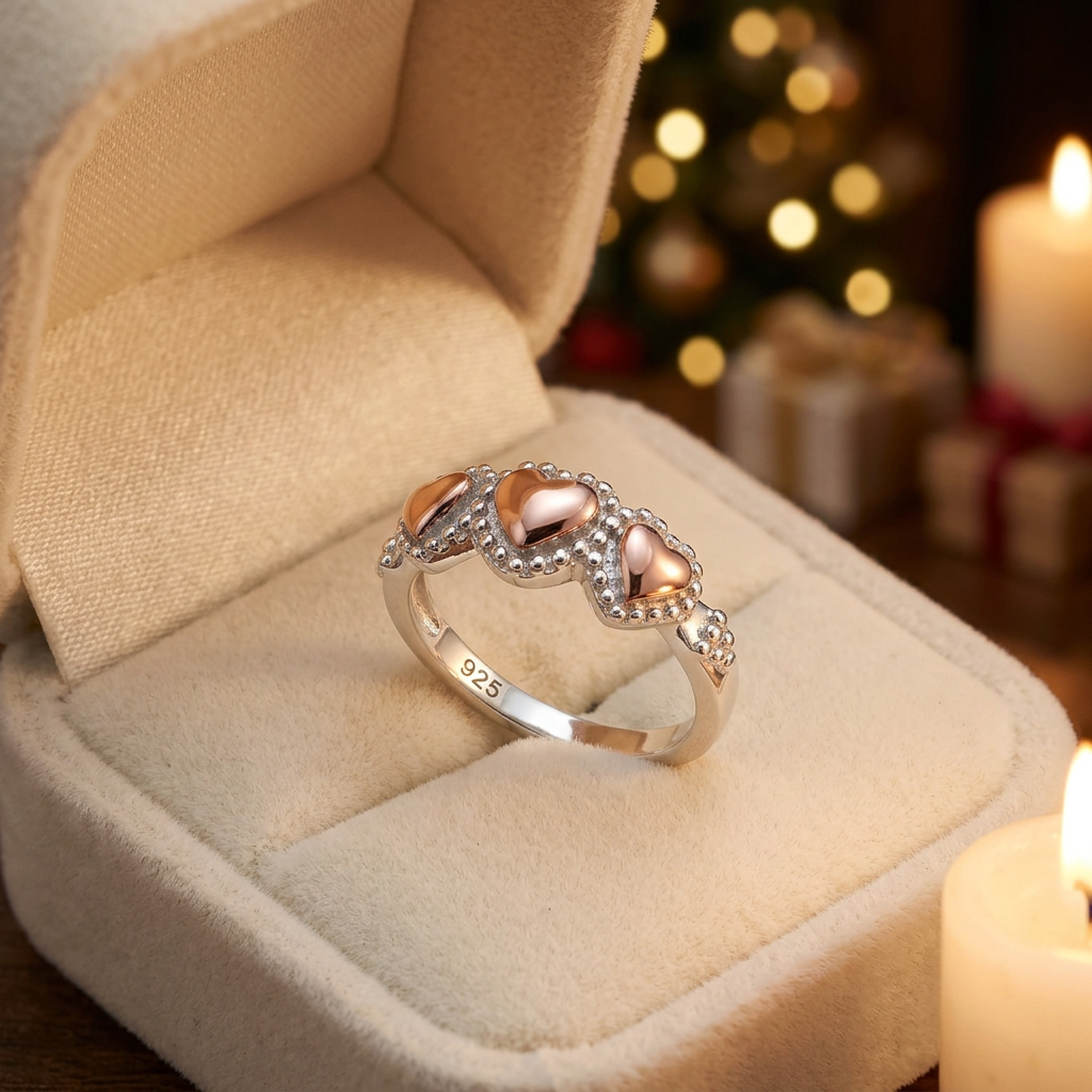 Rose Gold Plated Sterling Silver Two Tone Triple Heart Ring for Women life3