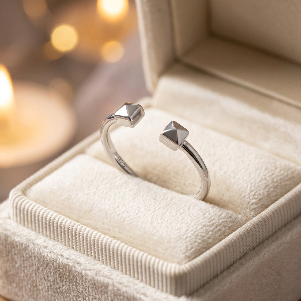 Sterling Silver Open Cuff Double Pyramid Stud Stacking Ring for Women life3