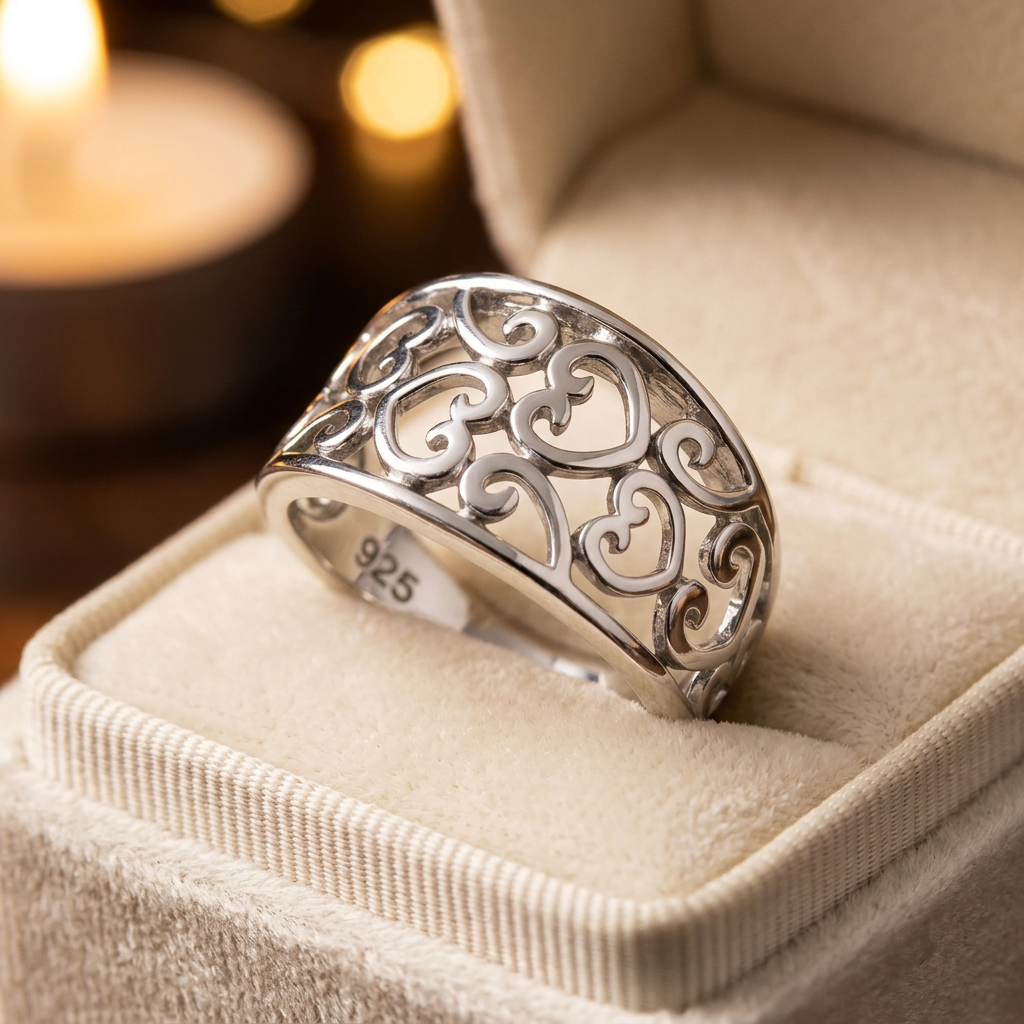 Sterling Silver 5.8mm Filigree Scroll Hearts Wide Tapered Band Ring for Women life3