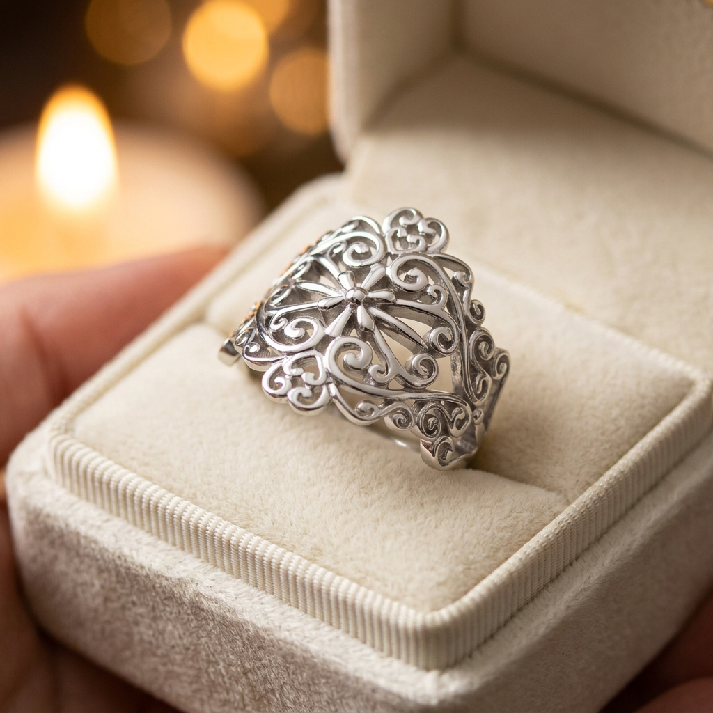 Sterling Silver Filigree Flower and Heart Scroll Wide Statement Ring for Women life3