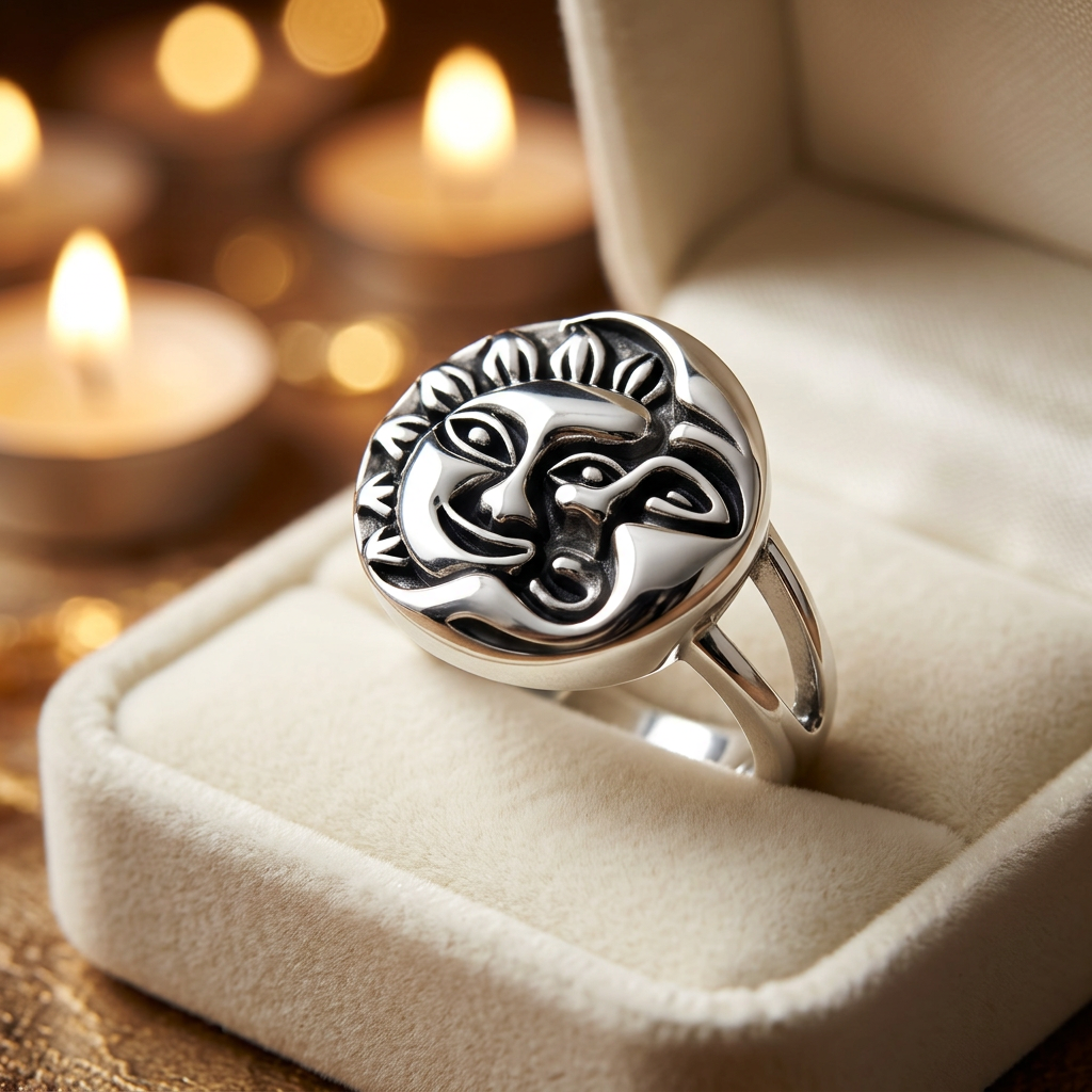 Sterling Silver Oxidized Celestial Sun and Moon Face Round Ring for Women life3