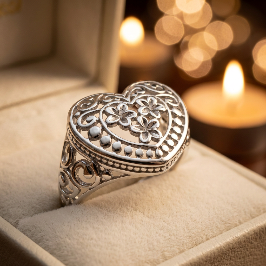 Sterling Silver Plumeria Heart Filigree Statement Ring for Women life3