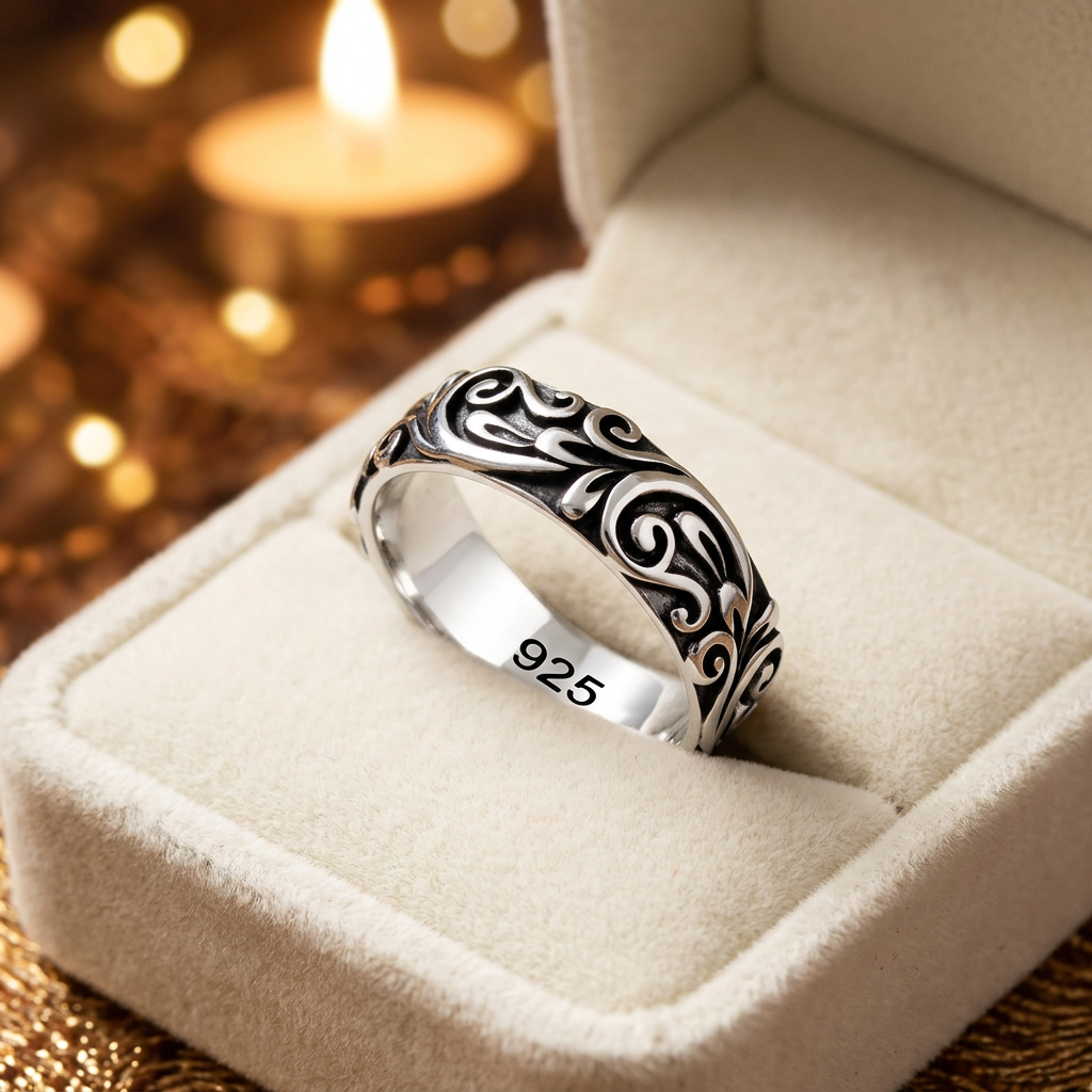 Sterling Silver 5.9mm Oxidized Raised Floral Scroll Band Ring for Women life3