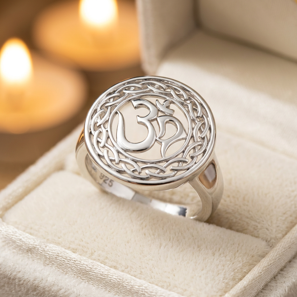 Sterling Silver Om Symbol Celtic Braid Border Round Openwork Ring for Women life3