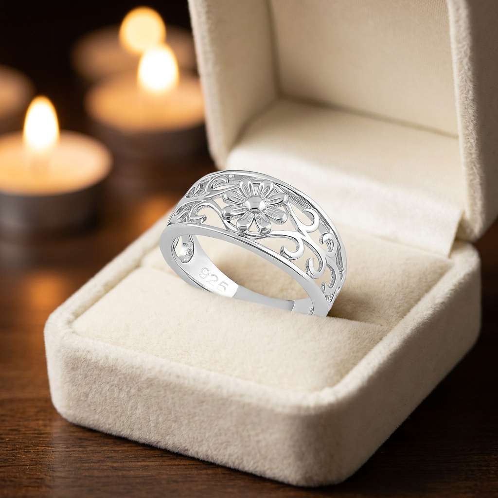 Sterling Silver 4.5mm Daisy Flower and Scroll Vine Filigree Band Ring for Women life3