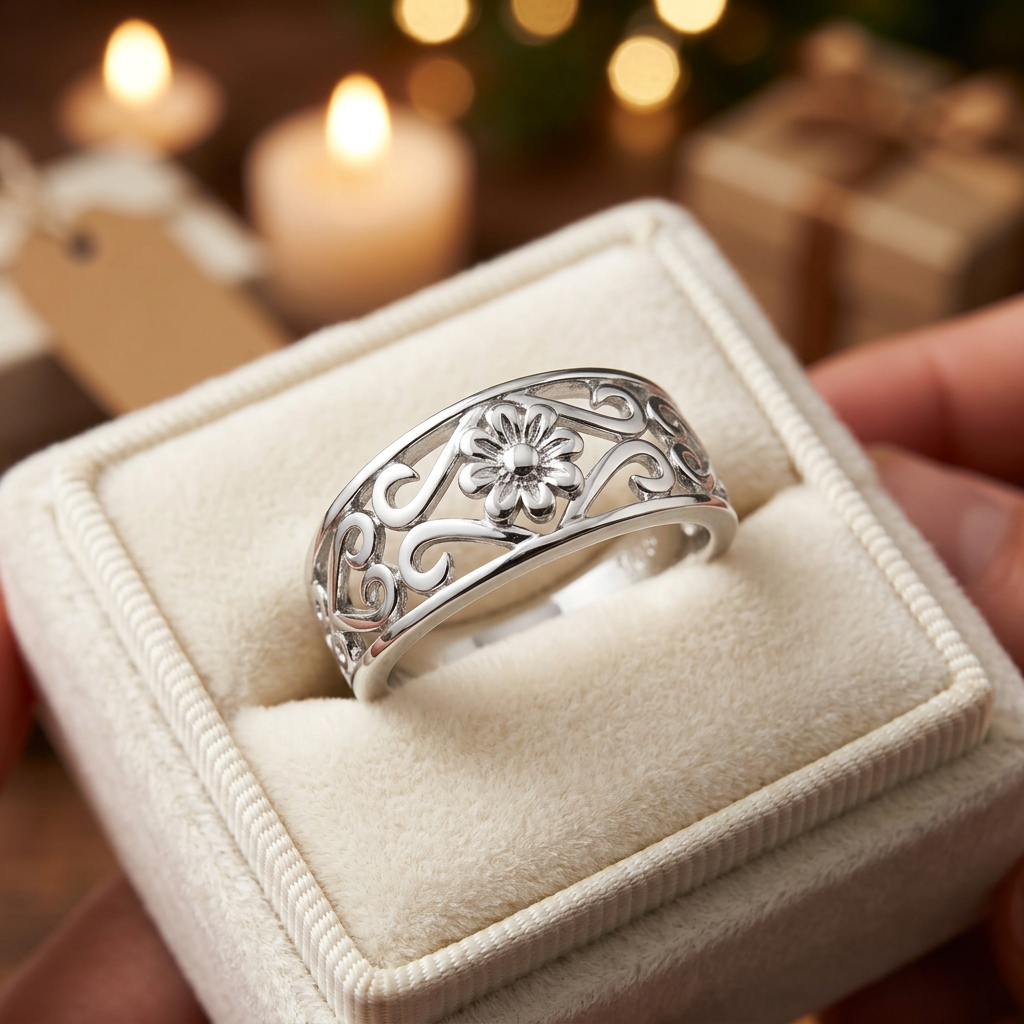 Sterling Silver 5.2mm Filigree Daisy and Scroll Hearts Cigar Band Ring for Women life3