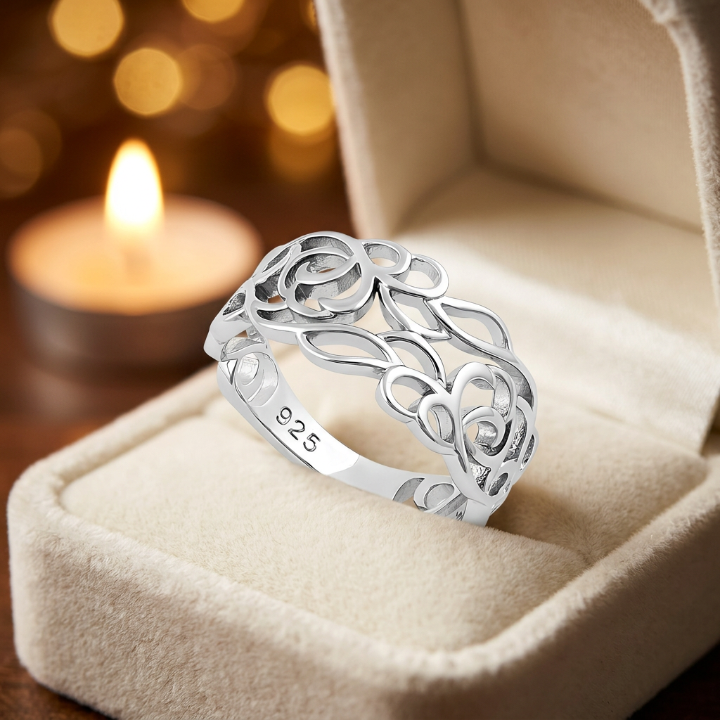 Sterling Silver 3.9mm Openwork Rose and Heart Filigree Band Ring for Women life3
