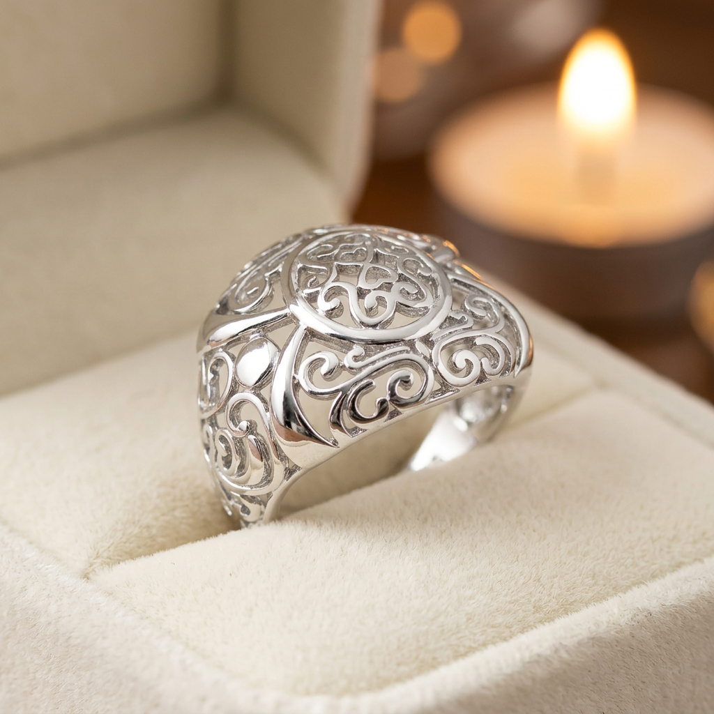 Sterling Silver 4.6mm Hearts and Vines Filigree Dome Ring for Women life3