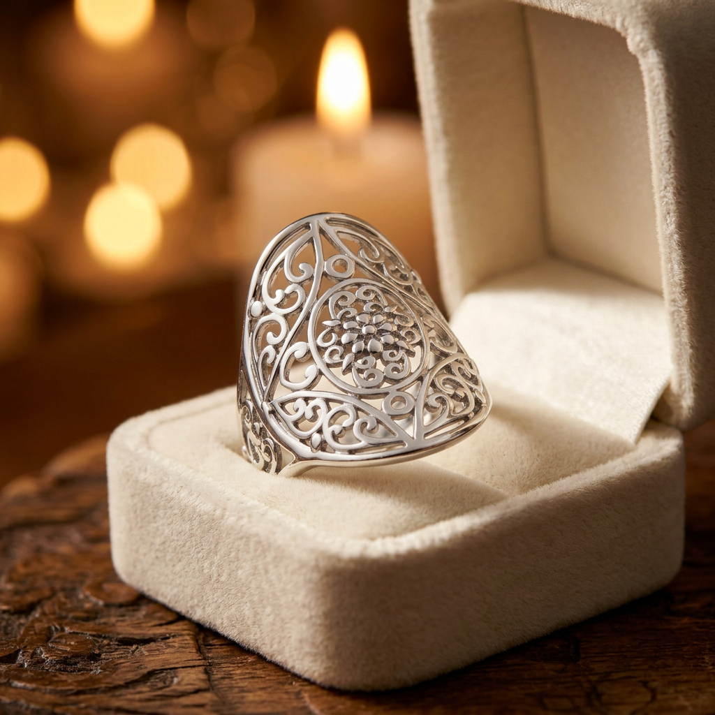 Sterling Silver Flower Medallion Filigree Armor Statement Ring for Women life3