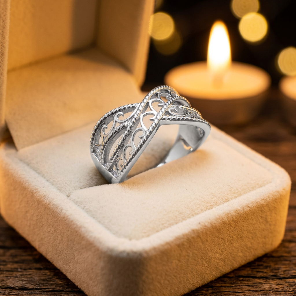 Sterling Silver 3mm Rope Edge Filigree Crisscross Band Ring for Women life3