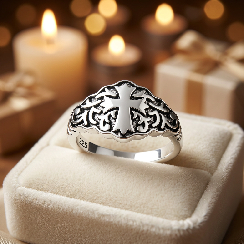 Sterling Silver 3.7mm Oxidized Flared Cross Scroll Shield Faith Ring for Women life3