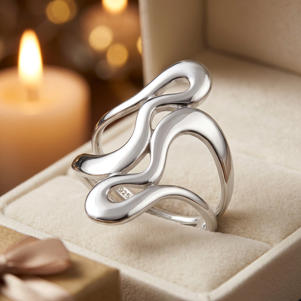 Sterling Silver 26.3mm Abstract Wavy Loop Open Split Shank Statement Ring for Women life3
