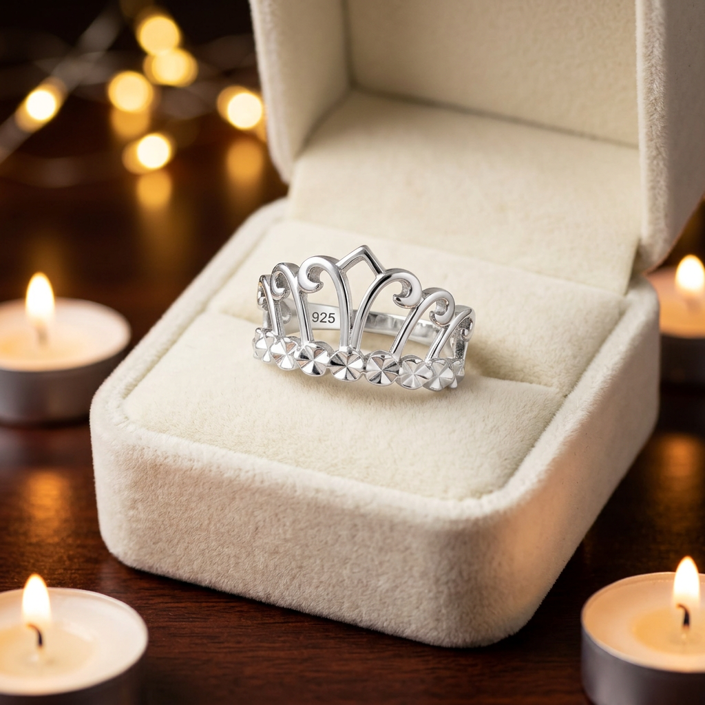 Sterling Silver Princess Tiara Crown Ring with Diamond Cut Hearts for Women life3