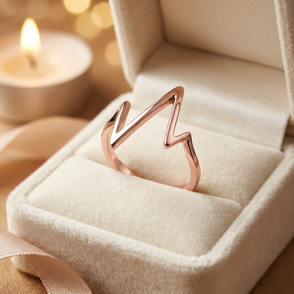 Rose Gold Plated Sterling Silver 22.8mm Tall Heartbeat EKG Line Ring for Women life3