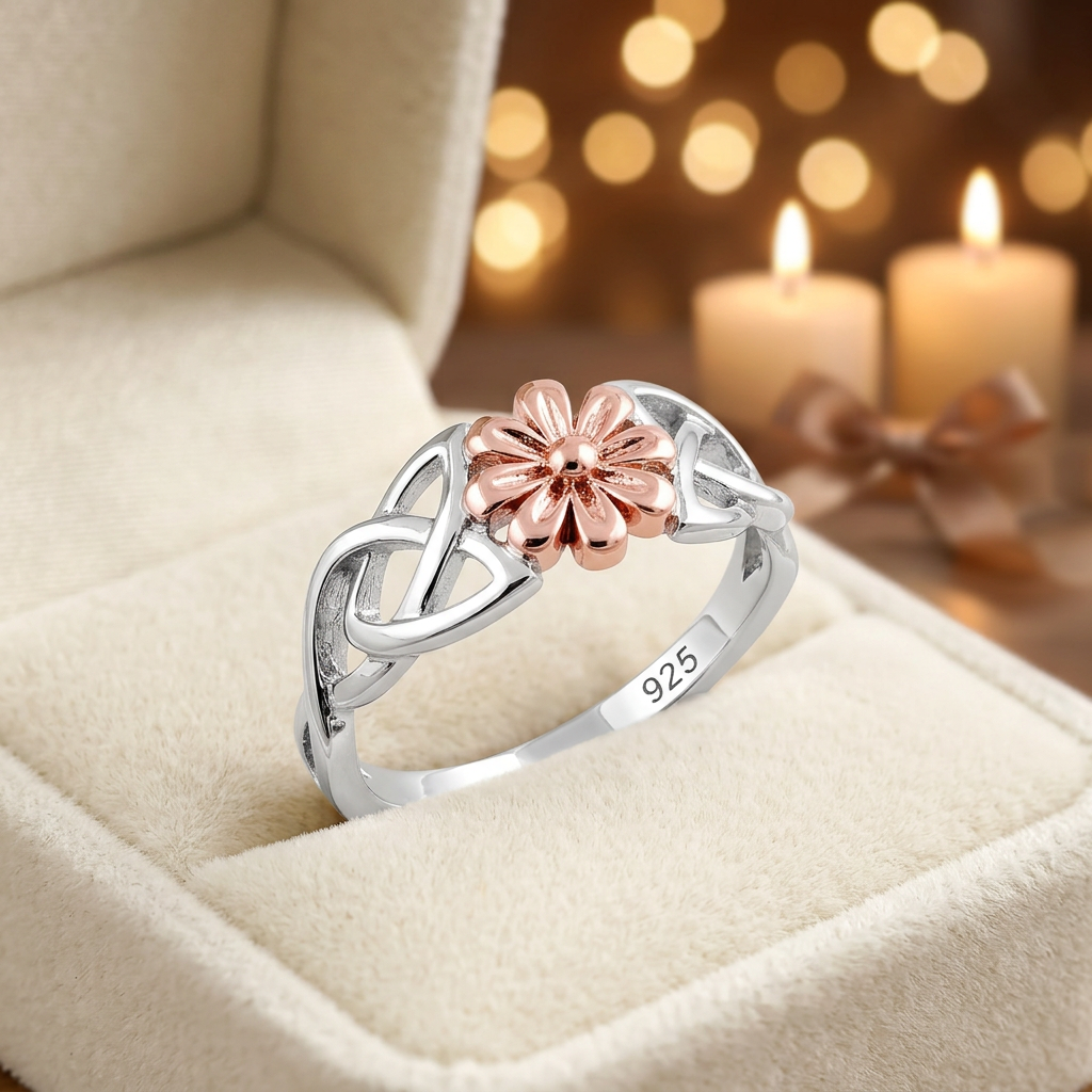 Sterling Silver 2.5mm Two Tone Celtic Knot Daisy Flower Ring for Women life3