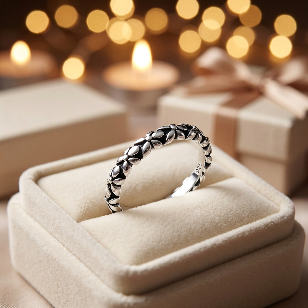 Sterling Silver 3.2mm Oxidized Flower Chain Eternity Stacking Ring for Women life3