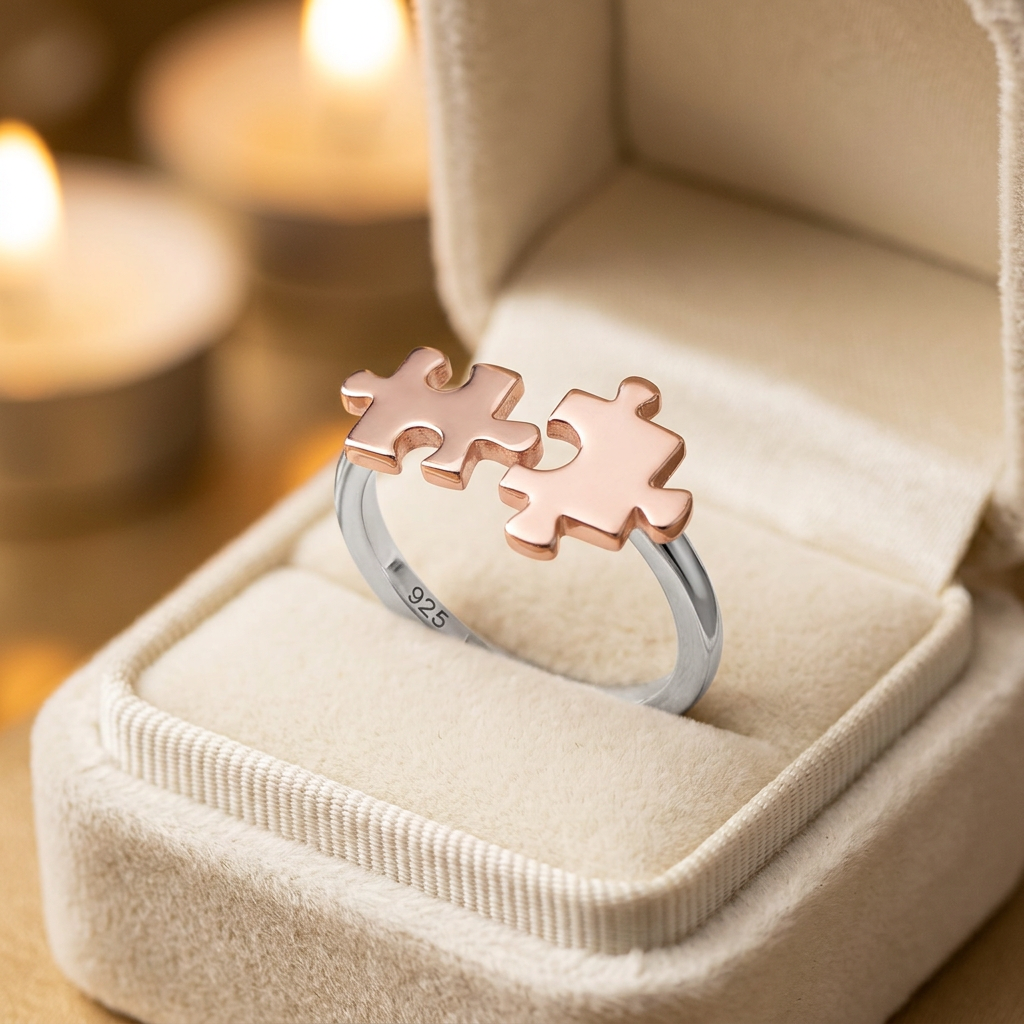 Two Tone Rose Gold Plated Sterling Silver Interlocking Puzzle Piece Ring for Women life3