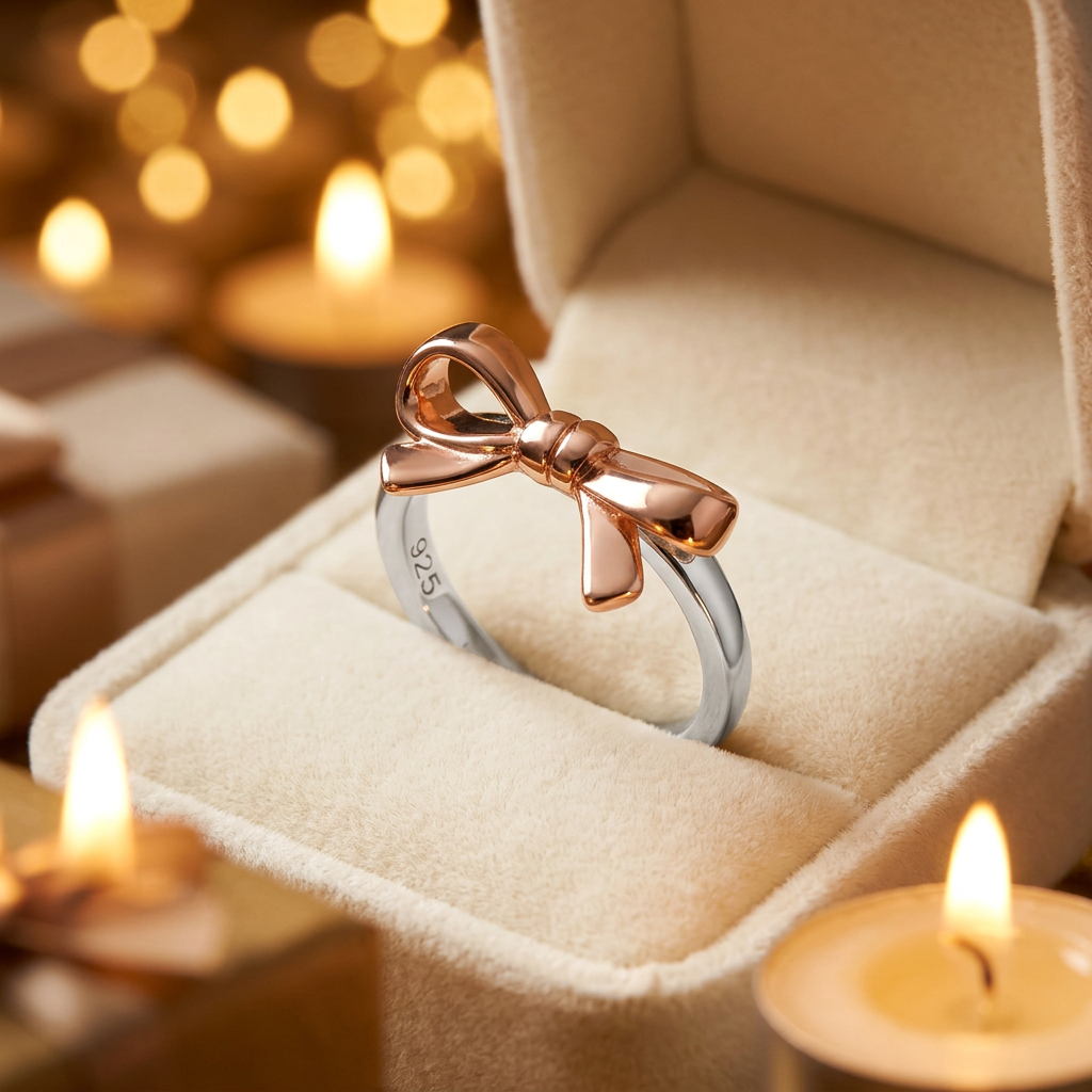 Rose Gold Plated Sterling Silver Two Tone Ribbon Bow Ring for Women life3