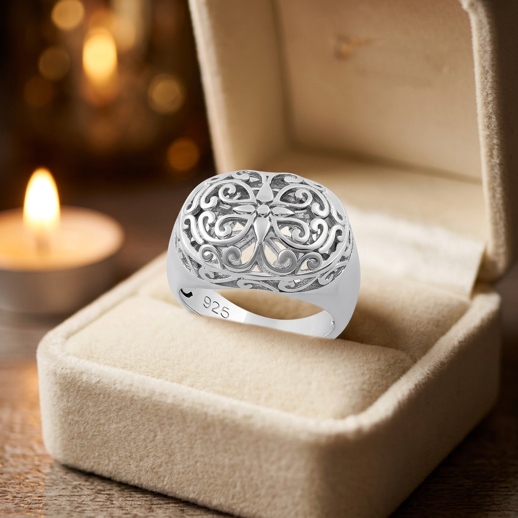 Sterling Silver 6.2mm Domed Oval Filigree Flower Scroll Statement Ring for Women life3